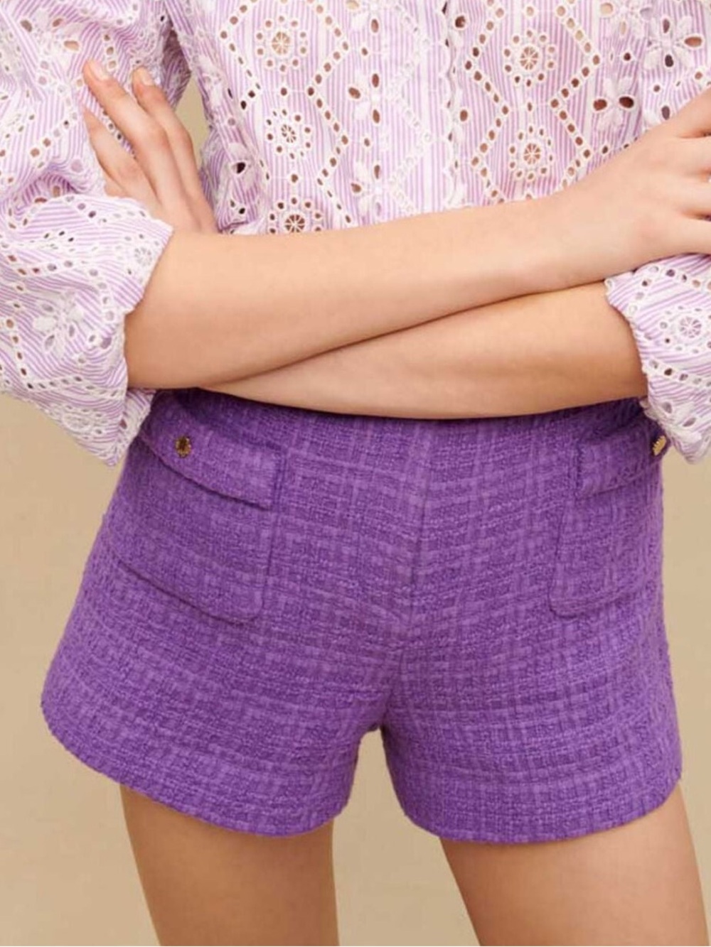 Maje Purple Tweed High-Rise Shorts